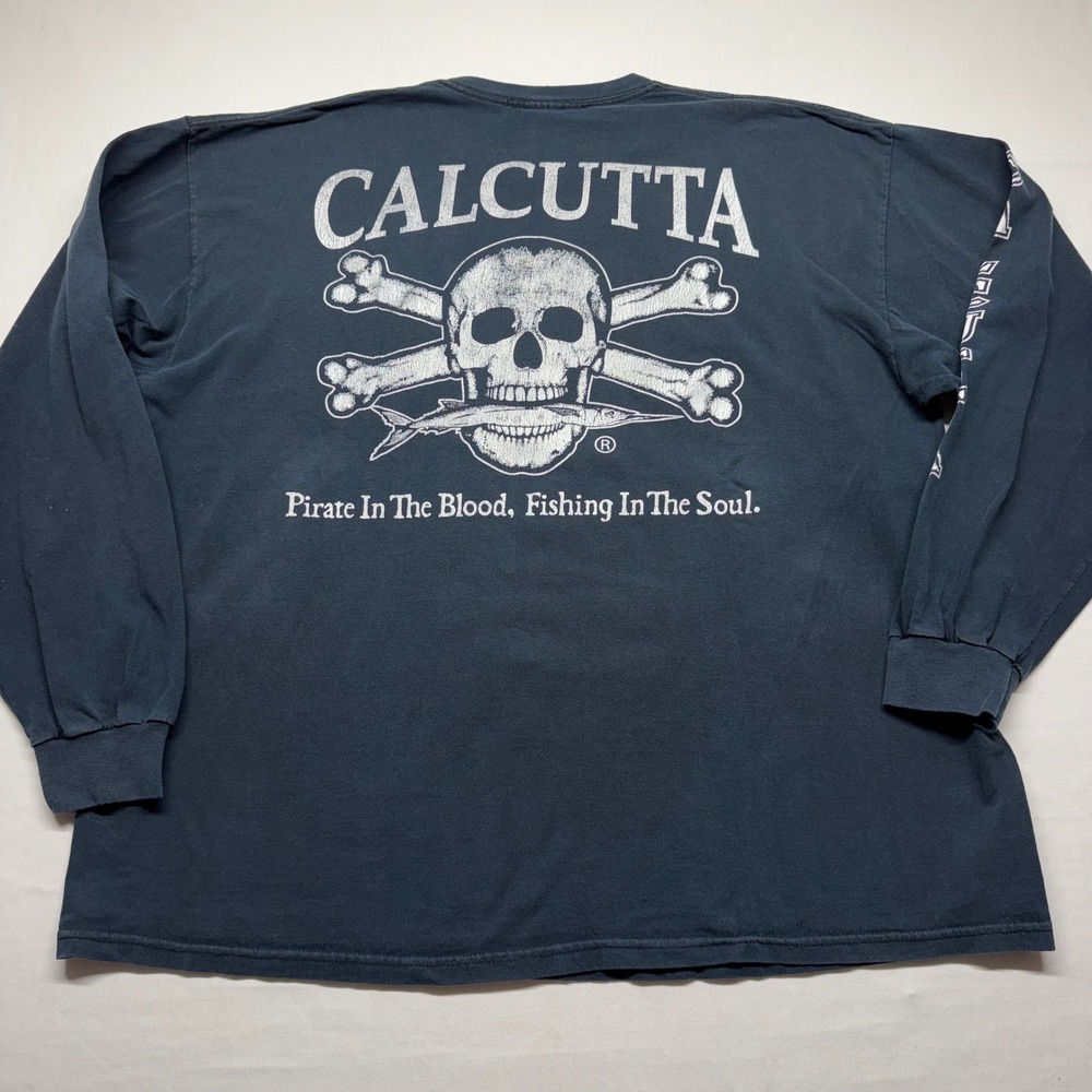 Vintage Calcutta Distressed Faded Skull Fishing Pocket Long‎ Sleeve Shirt XXL